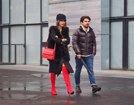 MILAN - FEBRUARY 22, 2018: Fashion bloggers street style outfits before LES COPINS fashion show, during Milan Fashion Week Woman fall / winter 2018/19 on February 2018 in Milan, Italy.のeditorial素材