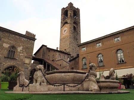 BERGAMO, Italy: 31 August 2017: Piazza Vecchia, Contarini fountain details and artificial green. Lombardy, Italyのeditorial素材