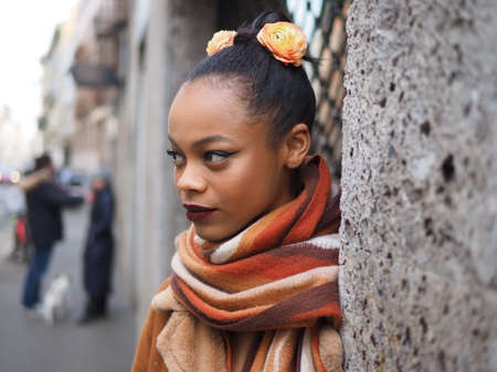 MILAN, Italy: 24 February 2019: model street style outfit after  fashion show during Milan fashion week Fall / winter 2019/2020のeditorial素材