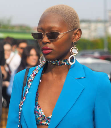 MILAN, Italy: 18 September 2019: Fashion blogger street style outfit before Prada fashion show during Milan fashion week Spring / Summerのeditorial素材