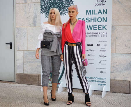 MILAN, Italy: September, 20 2018: Streetstyle outfits in Duomo square before GENNY fashion show during Milan fashion week fallのeditorial素材