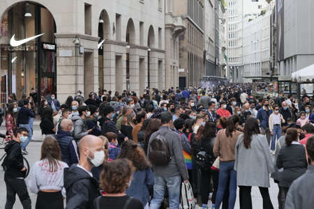 Milan, Italy: 11 October 2020: Coronavirus infections on the rise in Milan but in the city center...