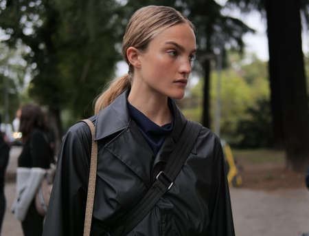 Model street style outfit before Sportmax Fashion Show during Milan Fashion Week Fall / Winter 2020/2021 collections.のeditorial素材