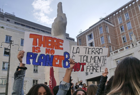 Milan, Italy: 1 October 2021: Climate event manifestation in the streets of Milan organized by...
