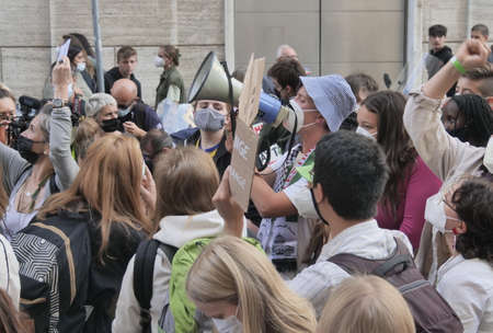 Milan, Italy: 1 October 2021: Climate event manifestation in the streets of Milan organized by...