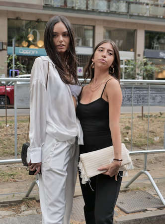 Milan Italy, Fashion blogger street style outfit before Dolce & Gabbana fashion show during Milano fashion week 2021のeditorial素材