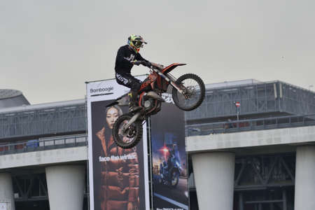 Acrobats Freestyle moto exhibition at at Eicma 2021, Milan, Lombardy, Italyのeditorial素材