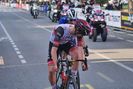 Bergamo, Italy: 9 October 2021: Final sprint at the tour of Lombardy, the last great classic cycling race of the season from Como to Bergamo 239 kmのeditorial素材