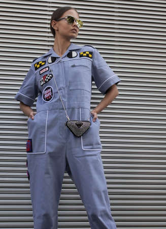 Milan, Italy: September 2021: Vladislava Evtushenko street style outfit before Prada fashion show...