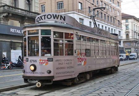 Milan, Italy: 9 January 2022: Historic tram in Milan. Milan transportation system carries 2 million passengers dailyのeditorial素材