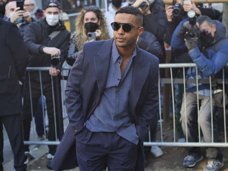 Alessandro Mahmood posing for photographers before Fendi Fashion show during Milano Fashion week 2022 man collectionsのeditorial素材