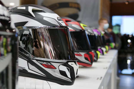 NOVEMBER 27, 2021: Elmets exposed at EICMA, international motorcycle exhibition, Rho, Lombardy,...
