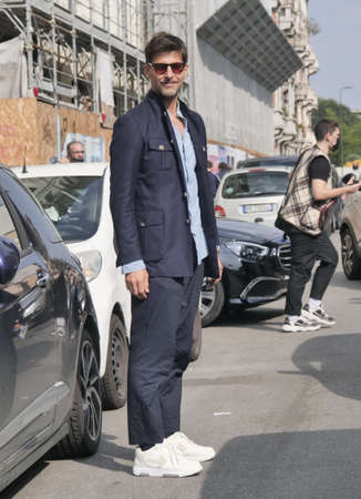 Milan, September 2021: Johannes Huebl street style outfit before Etro fashion show during Milano fashion week woman collections 2021/2022のeditorial素材
