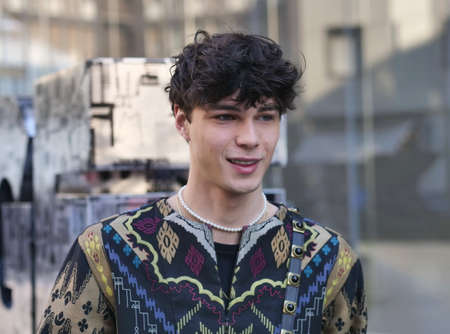 Nils Kuesel street posing for photographers after Etro Fashion Show at Milan Fashion Week Fall / Winter 2021/2022 collections.のeditorial素材