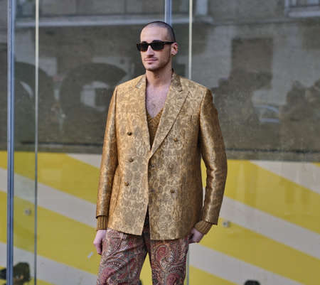 Fashion blogger street style outfit during Etro Fashion Show at Milan Fashion Week Fall / Winter 2021/2022 collections.のeditorial素材