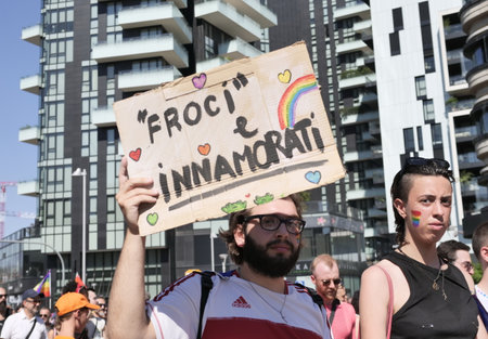 Milan, Italy: July 2022: Milano Pride great demonstration through the streets of the city with arrival at the arch of peaceのeditorial素材