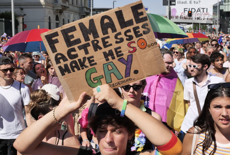 Milan, Italy: July 2022: Milano Pride great demonstration through the streets of the city with...