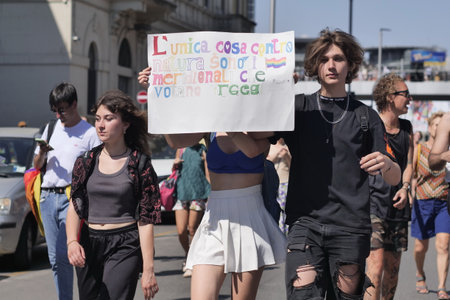 Milan, Italy: July 2022: Milano Pride great demonstration through the streets of the city with arrival at the arch of peaceのeditorial素材