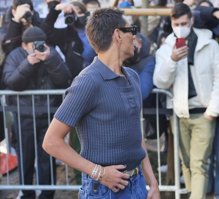 Evan Mock posing for photographers before Fendi fashion show during Milano fashion week Man collection 2022/2023のeditorial素材