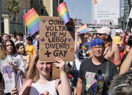 Milan, Italy: 2 July 2022: Milano Pride great demonstration through the streets of the city with arrival at the arch of peaceのeditorial素材