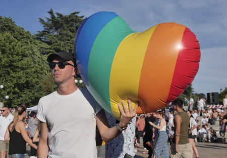 Milan, Italy: 2 July 2022: Milano Pride great demonstration through the streets of the city with arrival at the arch of peaceのeditorial素材