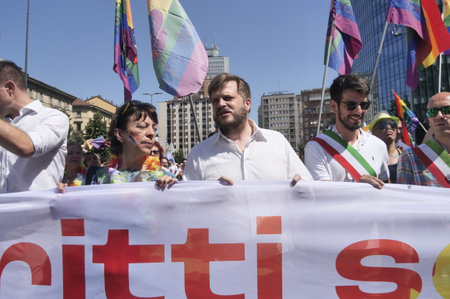 Milan, Italy: 2 July 2022: Milano Pride great demonstration through the streets of the city with arrival at the arch of peaceのeditorial素材