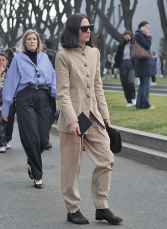 MILAN, Italy: February 2022: Fashion blogger street style outfit before Armani fashion show during Milan fashion week Fall/winter 2022のeditorial素材