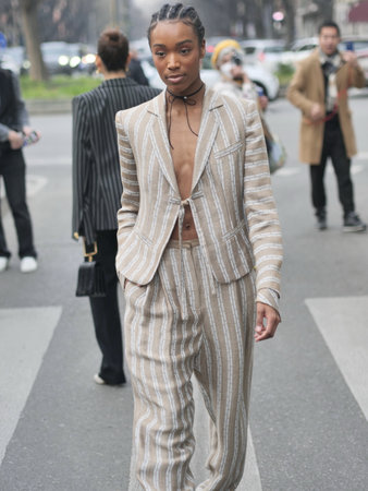 MILAN, Italy: February 2022: Fashion blogger street style outfit before Armani fashion show during Milan fashion week Fall/winter 2022のeditorial素材