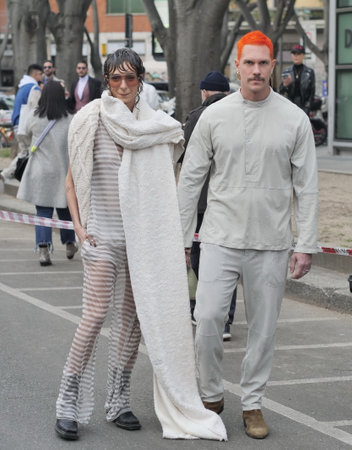 MILAN, Italy: February 2022: Fashion blogger street style outfit before Armani fashion show during Milan fashion week Fall/winter 2022のeditorial素材