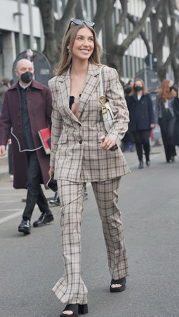MILAN, Italy: February 2022: Fashion blogger street style outfit before Armani fashion show during Milan fashion week Fall/winter 2022のeditorial素材