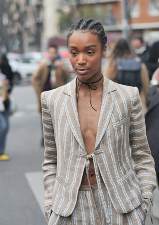 MILAN, Italy: February 2022: Fashion blogger street style outfit before Armani fashion show during Milan fashion week Fall/winter 2022のeditorial素材