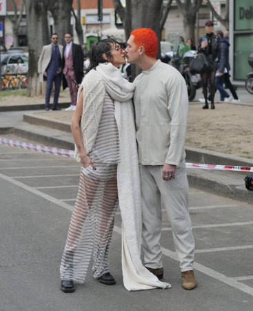 Milan, Italy February 2022: Fashion blogger street style outfit before Armani fashion show during Milano Fashion week 2022のeditorial素材