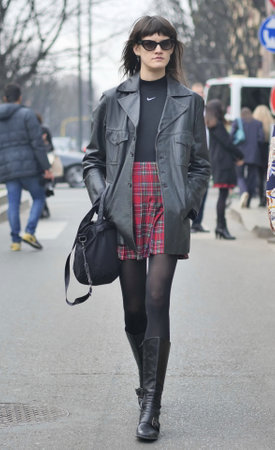 MILAN, Italy: February 2022: Fashion blogger street style outfit before Armani fashion show during Milan fashion week Fall/winter 2022のeditorial素材