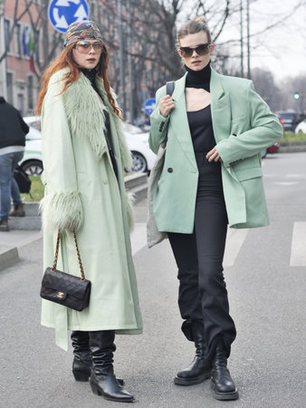 MILAN, Italy: February 2022: Fashion blogger street style outfit before Armani fashion show during Milan fashion week Fall/winter 2022のeditorial素材