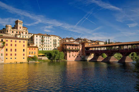 Old bridge and Brenta river in Bassano del Grappa, Veneto, Italyの写真素材