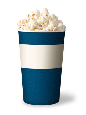 bucket of popcorn isolated on white background  blue color の写真素材