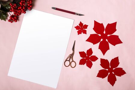 Homemade Christmas decorations and a white blank pageの写真素材