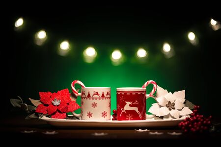 Holiday's background with Christmas decorations (Berries, Stars and Candy Canes)の写真素材