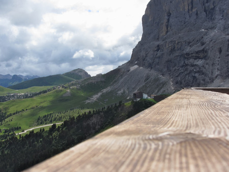 Panoramic mountain view of the Dolomites from Champinoi mountain, Selva di Valgardena, South Tyrol - Italyの写真素材