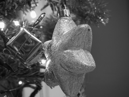 Christmas tree and Christmas decorations . Black and white photoの写真素材