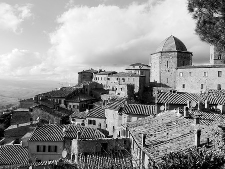 Panorama of Volterra village, province of Pisa . Tuscany, Italy . Black and white photoの写真素材