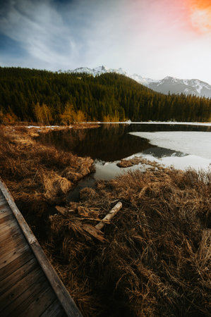 Mountain lake with snow and reflections on the water. Autumn landscape.