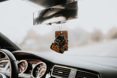 View from the inside of a car showing the key to the car.の写真素材