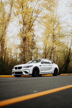 White sport car on the road with autumn forest in the background.