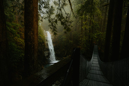 Hanging bridge over a waterfall in the middle of the forest.