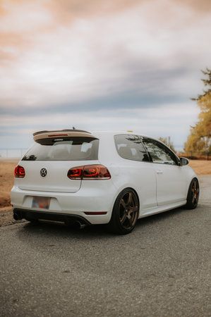 White sport car parked on the side of the road in the desertのeditorial素材