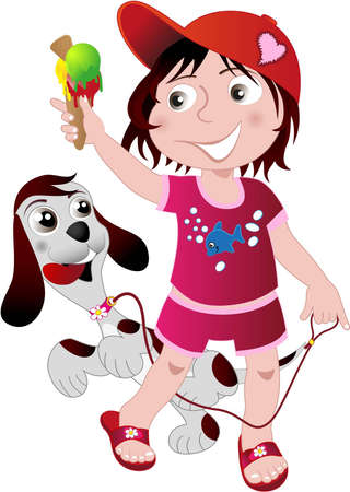 Kid walking with an ice cream and a puppyのイラスト素材