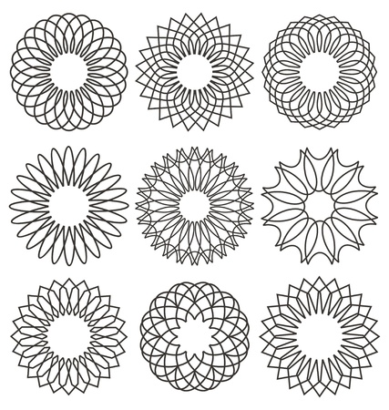 Set of rosettes. Guilloche design elements. Ornaments and decorative lines vector collection for currency or certificate design.のイラスト素材