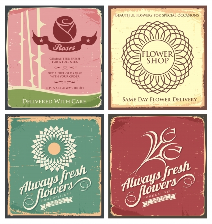 Vintage set of metal tin signs for flower shopのイラスト素材