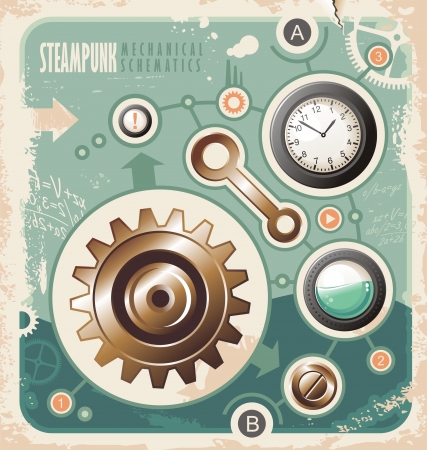 Steam punk creative concept of mechanical schematics. Retro background with engineering scheme. Vintage industrial info graphic.のイラスト素材